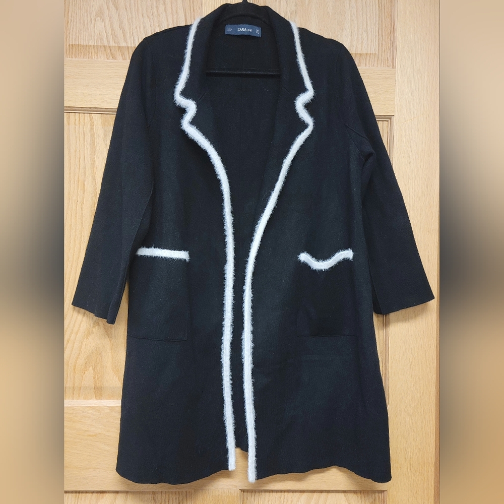 Zara Knit Women Cardigan Blazer Jacket Black Size Medium Long Fall Career Office